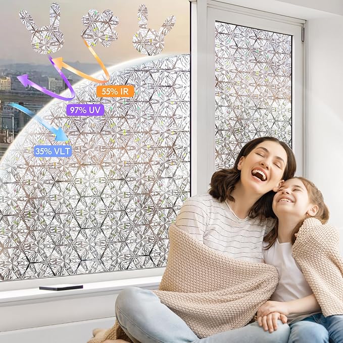 KESPEN Frosted Glass Window Privacy Film, Decorative Frost Window Clings for Home and Office, 97% UV Blocking Window Stickers, Rainbow Film Door Covering Hexagonal Pattern, 17.5 Inch X 6.5Feet