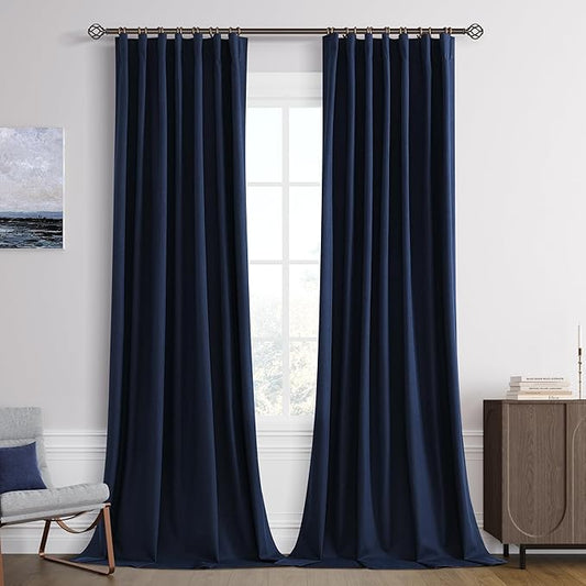 Joywell 100% Blackout Extra Long Linen Curtains 120 Inches Long for Bedroom Black Out Curtain Back Tab Hook Belt Light Blocking Drapes for High Ceiling Window 2 Panels Set,52 x 120,Navy Blue
