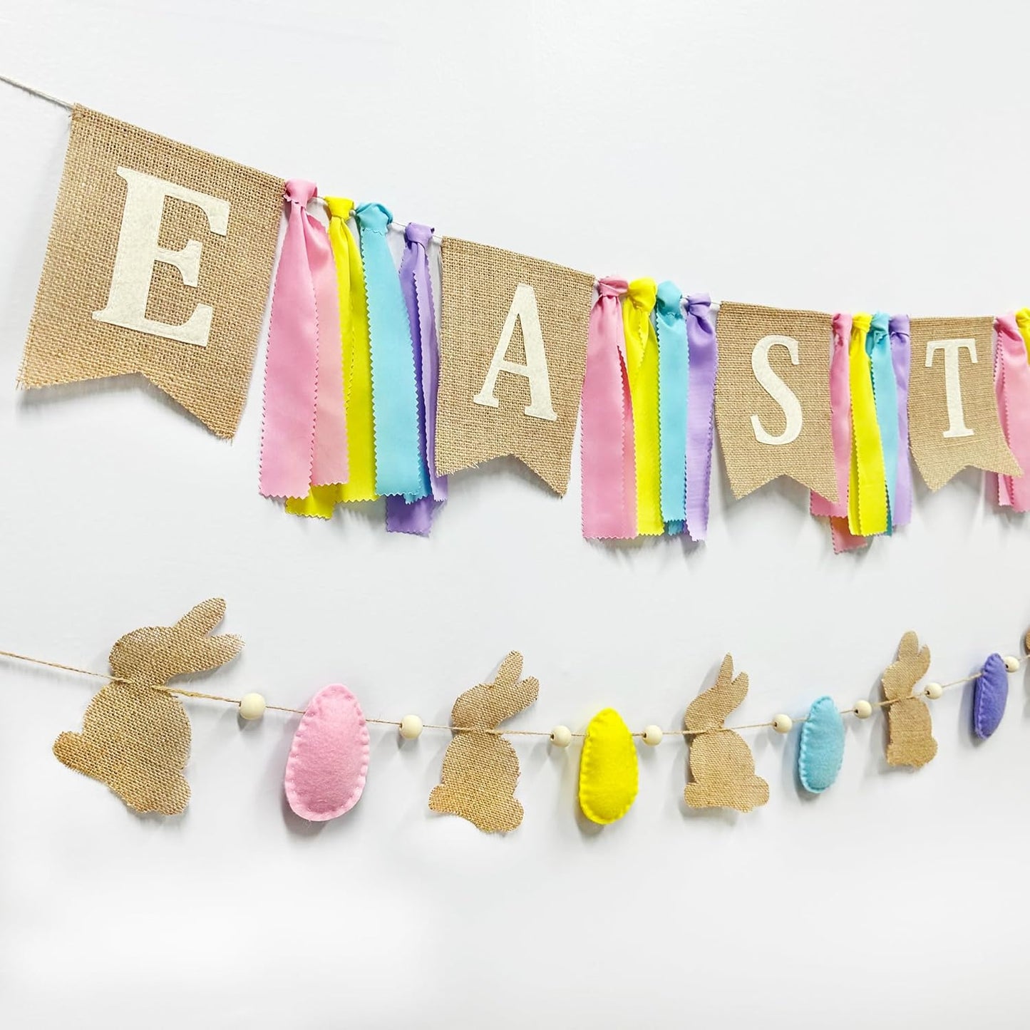Easter Party Decorations Burlap Rabbit Bunny 3D Felt Egg with Wood Beads Garland Felt Easter Sign Burlap Pennant Banner Flag with Pastel Ribbon for Easter Spring Birthday Baby Shower Party Supplies