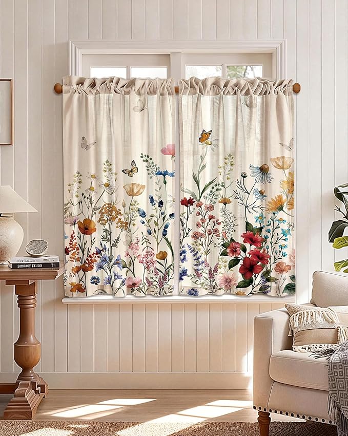 Miss Adola Floral Kitchen Tier Curtains - 45 Inch Length Linen Blend Farmhouse Cafe Curtains Vintage Small Window Treatments Over Sink Rod Pocket for Bathroom Living Room Light Filtering, 2 Panels