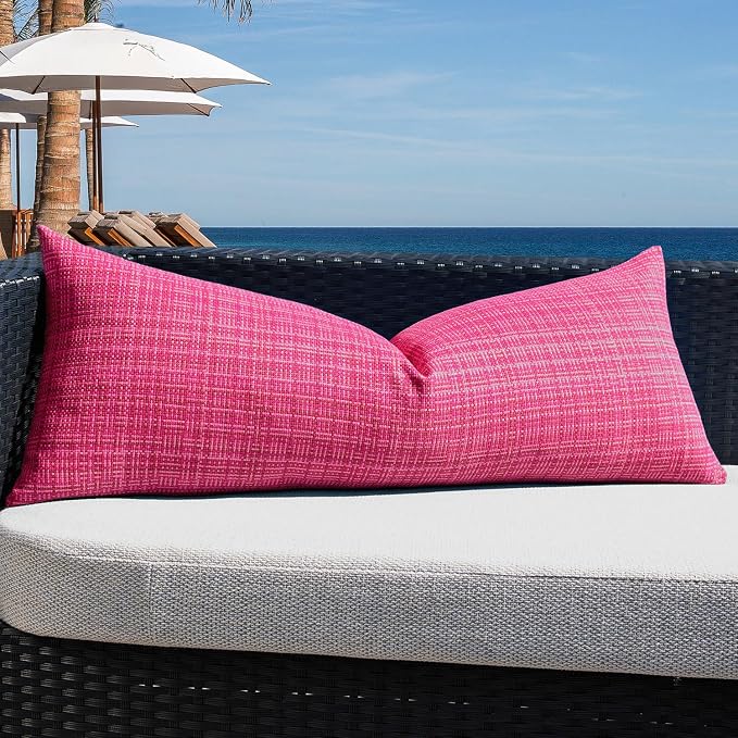 Kevin Textile Outdoor Waterproof Throw Pillow Covers 14x36 Inch Pack of 1 Woven Faux Linen Decorative Water Resistant Long Body Lumbar Cushion Covers for Tent Patio Garden Couch Sofa Hot Pink