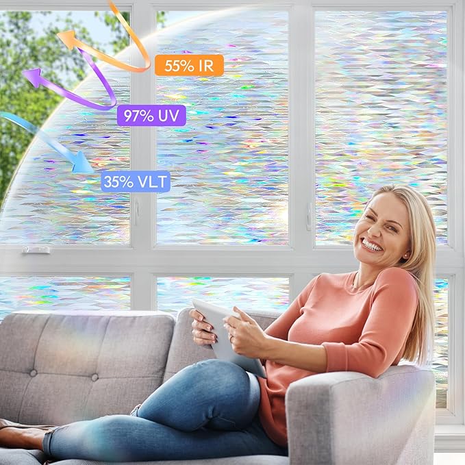 Decorative Stained Glass Window Film, Privacy Film for Glass Windows Rainbow Window Cling Colored Window Film Energy Saving, Perfect for Home and Office, Laser Rhombic, 23.6 Inch X 13.1 Feet