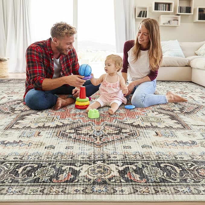 Area Rug 9x12 for Living Room, Medallion Printed Ultra-Thin Soft Large Carpet, Oriental Non Slip Big Washable Fade Stain Resistant Rugs for Bedroom Dining Room Home Office Decor