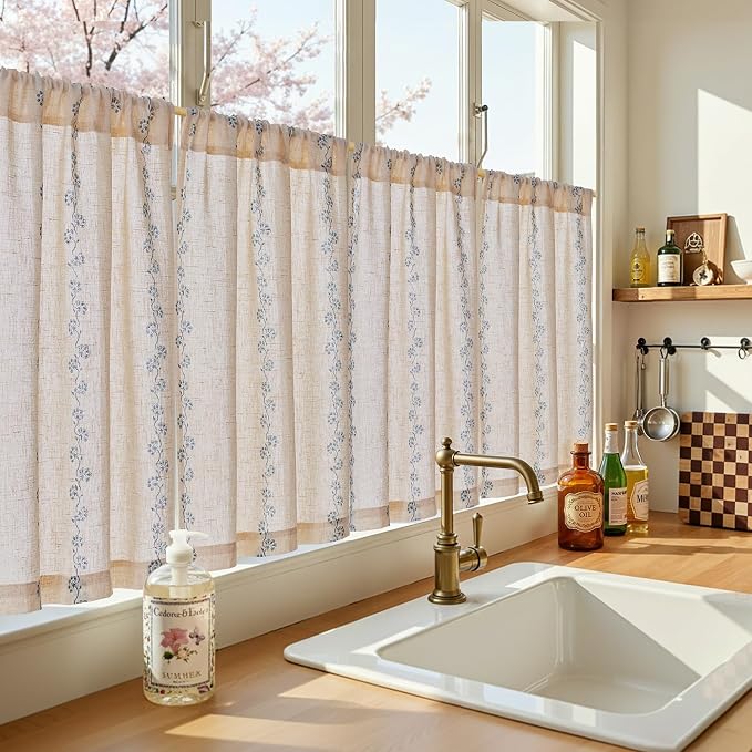 jinchan Katy Linen Floral Kitchen Curtains 36 Inches Length Stripe Cafe Curtains Farmhouse Cottagecore Tier Small Window Drapes for Living Room Light Filtering Rod Pocket 2 Panels Blue on Linen