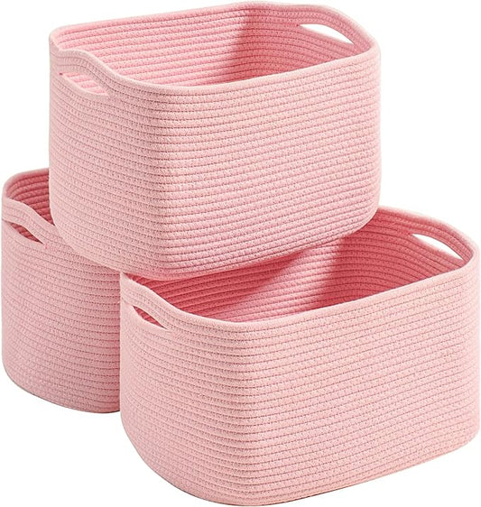Pink Storage Baskets for Organizing Shelves, Woven Cotton Rope Baskets for Storage, Toy Basket for Kids, Cute Basket for Shelves Closet, 14.8"×11"×9.5", Pack of 3, Light Pink