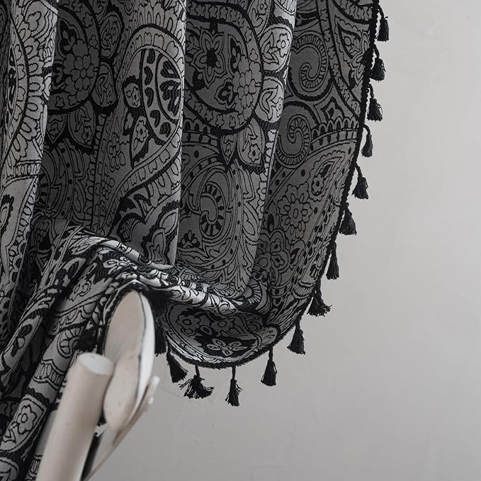 ENJOYBRIDAL Black Paisley 96 Inch Curtains for Bedroom Semi Sheer Drapes Light Filtering Boho Rod Pocket Long Window Curtains 2 Panel Sets Living Room Farmhouse Printed Jacquard Window Treatments