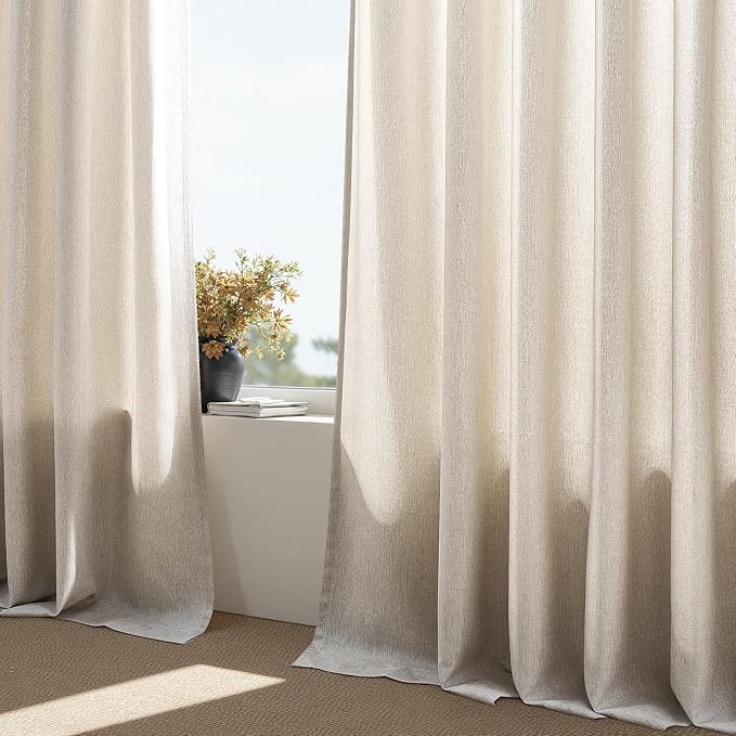 Natural Pinch Pleated Linen Curtains 84 Inch Length 1 Panels for Bedroom Living Room Textured Cream Semi Sheer Window Curtain Boho Neutral Back Tab Pinch Pleat Drape with Hooks 84 Inches Long