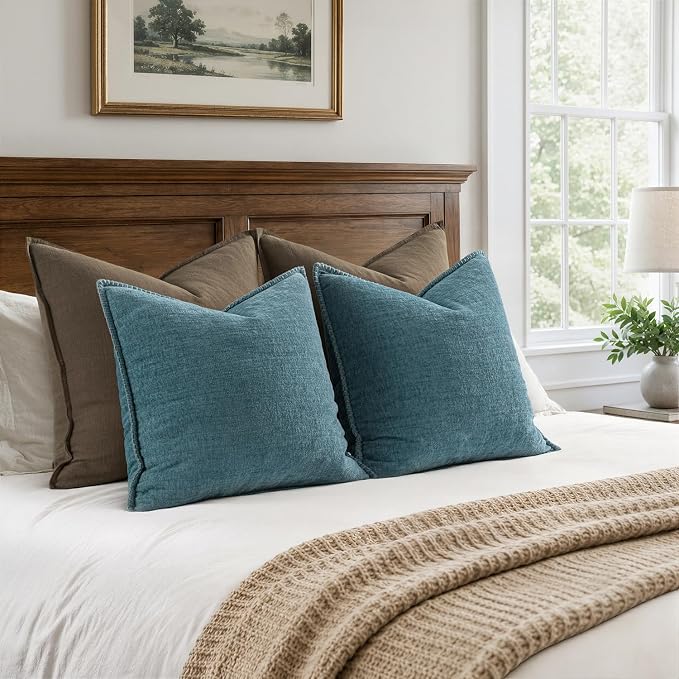 MIULEE Pack of 2 Couch Throw Pillow Covers 18x18 Inch Smoke Blue Farmhouse Decorative Pillow Covers with Stitched Edge Soft Chenille Solid Dyed Spring Pillow Covers for Sofa Bed Living Room