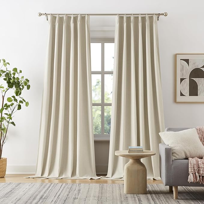 DUALIFE Natural Birch Pinch Pleated Blackout Curtains 108 Inches Long 9 ft Length 2 Panels Set, Back Tab with Hooks,Ceiling Sun Blocking Curtains for Track System Living Room Boho 40Wx108L Inch