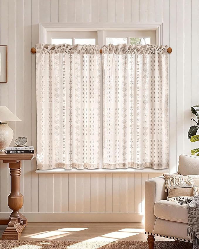 Miss Adola Farmhouse Kitchen Tier Curtains - 45 Inch Length Linen Blend Boho Cafe Curtains Striped Beige Small Window Treatments Over Sink Rod Pocket for Bathroom Living Room Light Filtering, 2 Panels