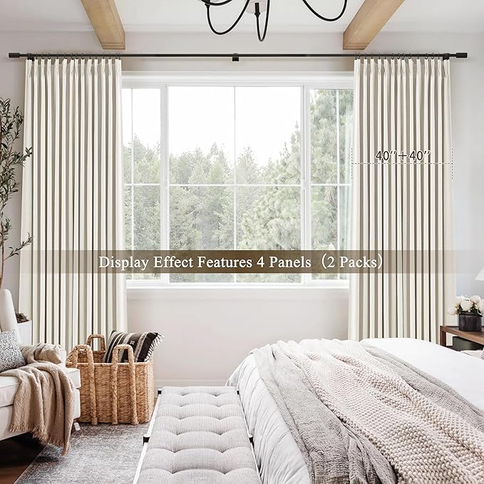 Natural Pinch Pleated Linen Blackout Curtains 84 Inch Length for Bedroom Living Room 2 Panels, Darkening Thermal Insulated Cream Beige Birch Neutral Pinch Pleat Back Tab Track System Drapes