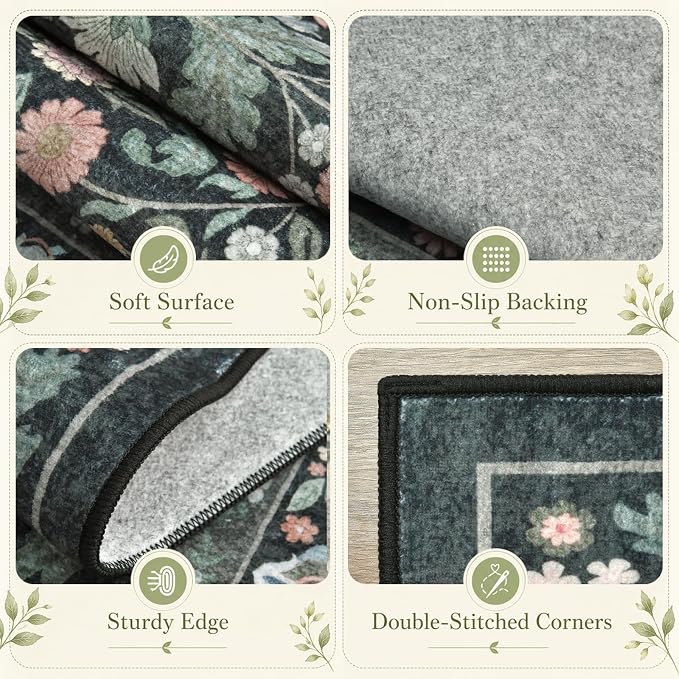 Floral 5x7 Area Rugs for Living Room, Machine Washable Vintage Rug Boho Low Pile Carpets Non Slip Soft Carpet for Farmhouse Bedroom Office Rugs, Kids Room, Nursery Room, Playroom, Dark Black Green