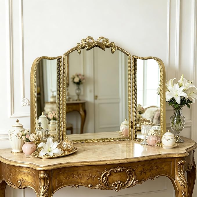 Gold Trifold Vanity Mirror Bow Top, 3-Way Makeup Mirror, Wall Mirrors for Entryway, Dresser Mirror for Bedroom, Wall Mirrors over Bathroom Sink, Decorative Mirror for Mantle, Wall-Mount Tabletop