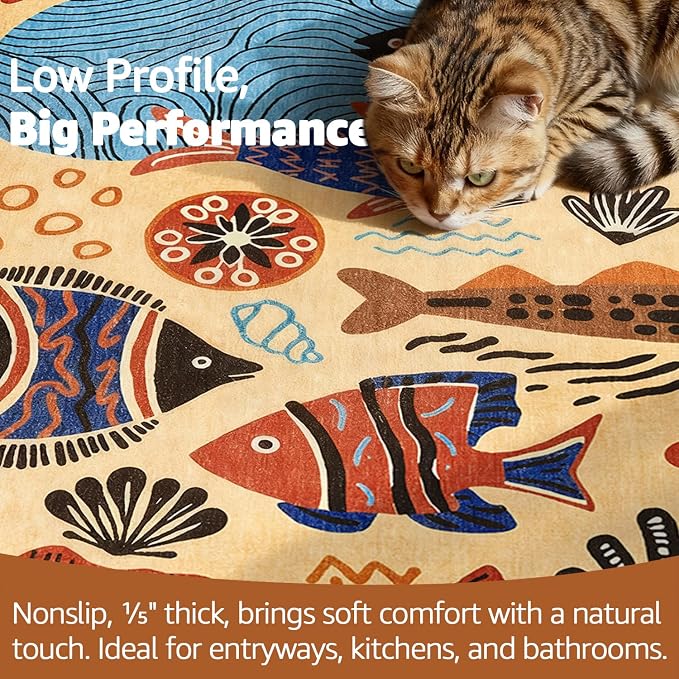 jinchan 2x3 Coastal Area Rug Kids Washable Fun Rug Colorful Ocean Fish Small Mat Non Slip Doormat Lightweight Soft Cozy Throw Carpet for Entryway Nursery Playroom Bedside Dorm Bathroom, Tan
