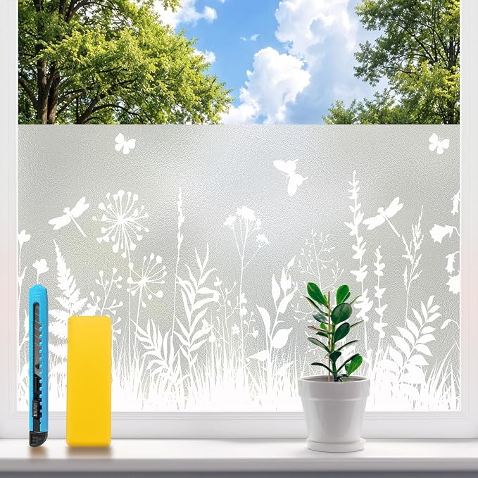 Window Privacy Film 17.7" x 47.2", Frosted Glass Window Film with Floral Pattern Decorative Privacy Window Film Static Cling No Glue Light Filtering UV Blocking for Home Bathroom Office