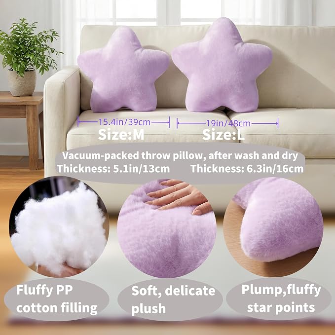 Star Pillow Cute Decorative Throw Pillows, Light Purple, 15.4" x 15.4" | Star Shaped,Soft and Comfortable, Floor Cushion, For Couch Bed Sofa, Living Room Bedroom Decor