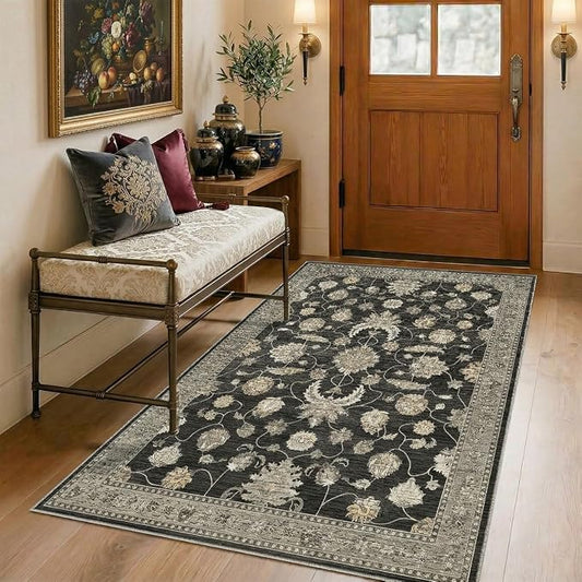 4x6 Area Rug for Living Room-Vintage Farmhouse Boho Floral Washable Stain Resistant Indoor Carpet for Bedroom Office and Home Decor(Black&Gold)