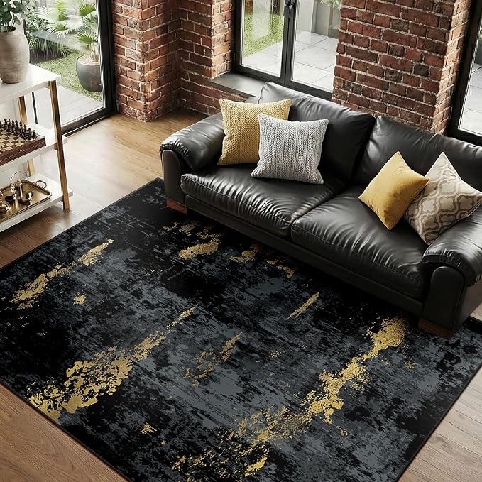 RELEANY Washable Area Rugs 9'x12' Non-Slip Modern Abstract Soft for Living Room Entryway Bedroom Kitchen, Print Pattern, Dark Black Gold