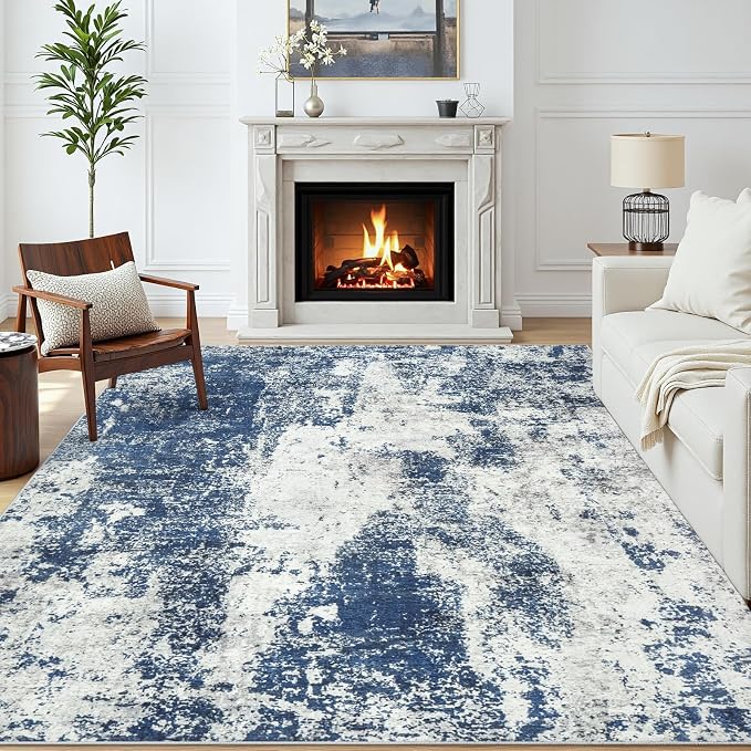 Area Rug Living Room Rugs: 5x7 Large Soft Indoor Carpet Modern Abstract Decor Rug with Non Slip Rubber Backing for Under Dining Table Nursery Home Office Bedroom Blue