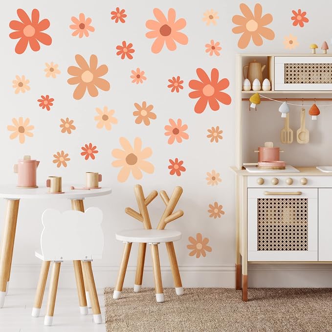 TaoBary 12 Sheet Daisy Wall Sticker Decal Removable Cute Daisy Bedroom Room Decor Flower Wall Sticker Pink White Flower Decal Wallpaper Peel and Stick for Nursery Home(Orange,Colorful Style)