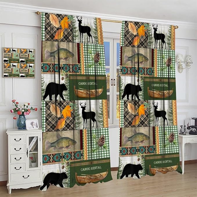 Vintage Animal Blackout Curtains Countryside Farmhouse Hunting Lodge Mountains Lake Bear Deer Plaid Bass Wildlife Windows Treatments Rod Pocket for Kitchen Living Room Bedroom 72x63in