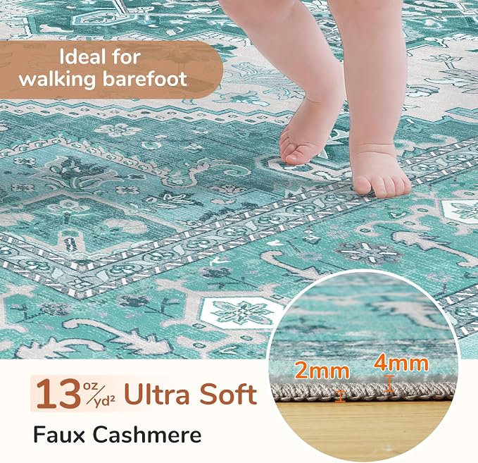 OPPODREAM Soft Area Rugs 3x5, Washable Rugs with Non Slip Backing, Low-Pile Throw 3x5 Carpet, Faux Cashmere 3 x 5 Carpet, Teal & Turquoise & Cream