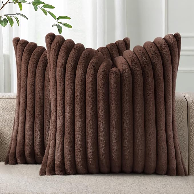Pallene Faux Fur Plush Throw Pillow Covers 26x26 Set of 2, Luxury Soft Fluffy Striped Decorative Pillow Covers for Sofa, Couch, Living Room, Dark Brown