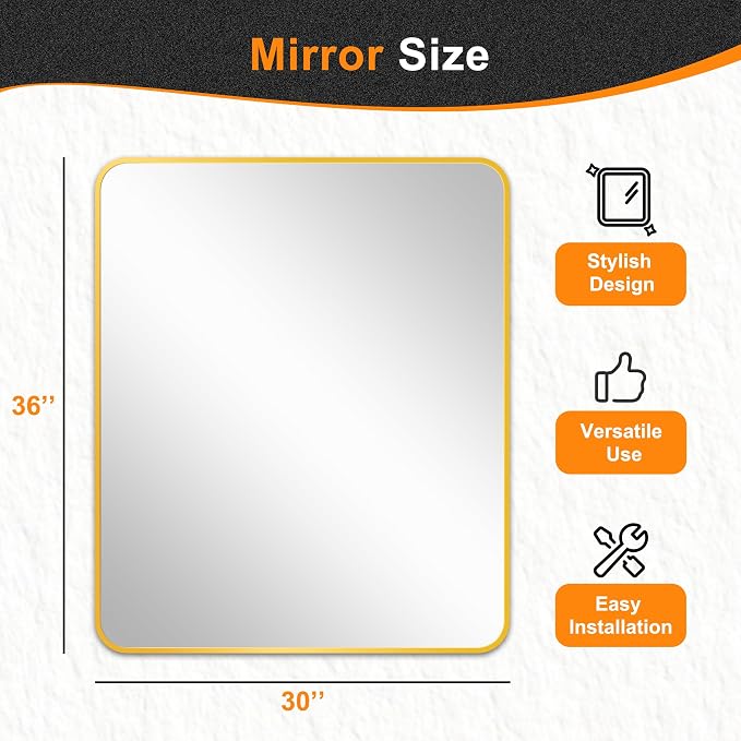 Delma Bathroom Vanity Mirror, Black Framed Bathroom Mirror for Over Sink, High-Definition Bathroom Mirror, Versatile Bathroom Vanity Mirror, Hangs Horizontally or Vertically(36x30, Gold)