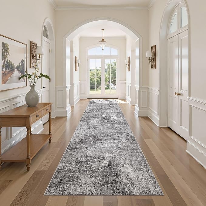 DMOYEST Washable Runner Rug for Hallway: 3x12 Neutral Modern Abstract Low Pile Area Rug with Non-Slip Backing - Carpet for Bedroom Kitchen Laundry Entryway Bathroom Indoor - Grey