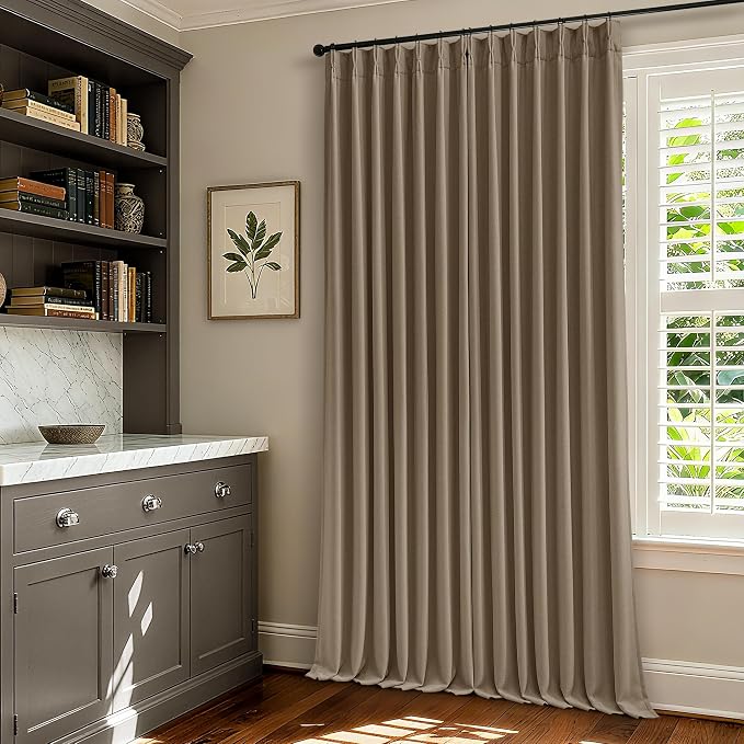 Latte Pleated Linen Blackout Curtains 84 Inches Long for Bedroom Living Room Pinch Pleat Black Out Thermal Insulated Ring Hooks Back Tab Room Darkening Drapes Light Brown Curtains with Liner