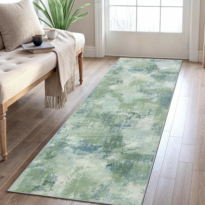 Runner Rugs for Hallway 2x6, Modern Abstract Machine Washable Runners for Kitchen Entryway Bathroom Bedroom, Low Pile Lightweight Thin Non Slip Runner Rug, Green