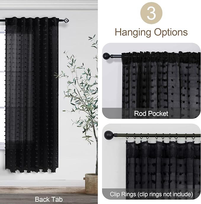 DANCURTON Black Sheer Curtains for Small Window Bedroom 63 Inch Length 2 Panels Pom Pom Tufted Design Boho Modern Chic Semi Sheer Black Curtains for Nursery Girls Kids Room Back Tab Rod Pocket 52x63