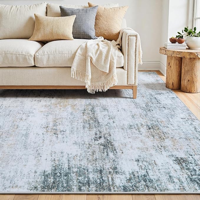 8x10 Area Rugs Washable Rug:Anti-Skid Abstract Modern Living Room Rug Soft Thin Carpets Indoor Floor Non-Shedding Carpet for Bedroom Dining Farmhouse Nursery Home Office(Blue/Grey/Gold/White, 8x10)