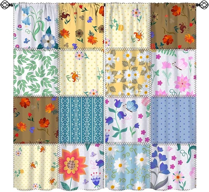 Boho Patchwork Floral Curtains Boho Vintage Flower Bohemian Colorful Spring Retro Print Window Drapes for Bedroom Living Room Kitchen Cafe （W20xL45 Inch） x2 Decor