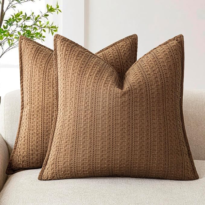 Foindtower Set of 2 Decorative Cotton Waffle Weave Throw Pillow Covers Euro Shams Cushion Covers Accent European Pillowcase for Bed Couch Sofa Bedroom Living Room Home Decor 24×24 Inch Orange Brown