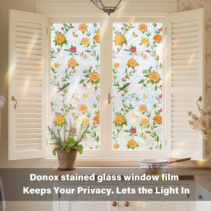 Donox Stained Glass Window Film, Floral Pattern Rainbow Light Decorative Cling, UV Block Privacy Film, Static Cling Removable No Glue for Living Room Home Office, 17.5 x 78.7 Inches