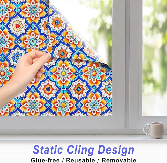 SOMWISE Frosted Glass Window Privacy Film with Tools, Heat Blocking, Anti-UV, Anti-Glare, Static Cling, Decor for Home Bathroom Door, Renter Friendly, Removable, Reusable, Blue 17.5Inchx78.5Inch