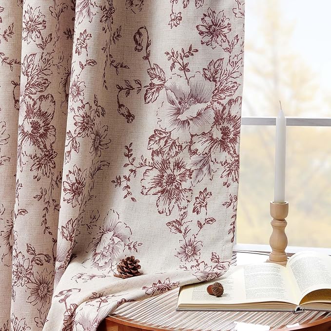 jinchan Blackout Floral Curtains for Living Room Bedroom Linen Blend Curtain Farmhouse Brick Red Printed with Lined Back Tab Rod Pocket Drapes Window Treatments 2 Panels 90 Inch