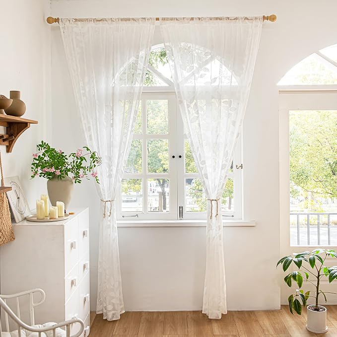 Treatmentex White Lace Sheer Curtains 63inch Vintage Leaf Knitted Window Curtain Drapes for Living Room Bedroom Light Filtering Privacy Country Retro Lace Sheers Rod Pocket 54" W 2Panels