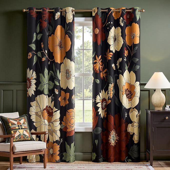 jinchan Lora Floral Curtains for Bedroom Blackout Drapes for Living Room Darkening Fabric Vintage Black Boho Flower Pattern Fall Decor Window Curtains 84 Inches Length 2 Panels with Grommet