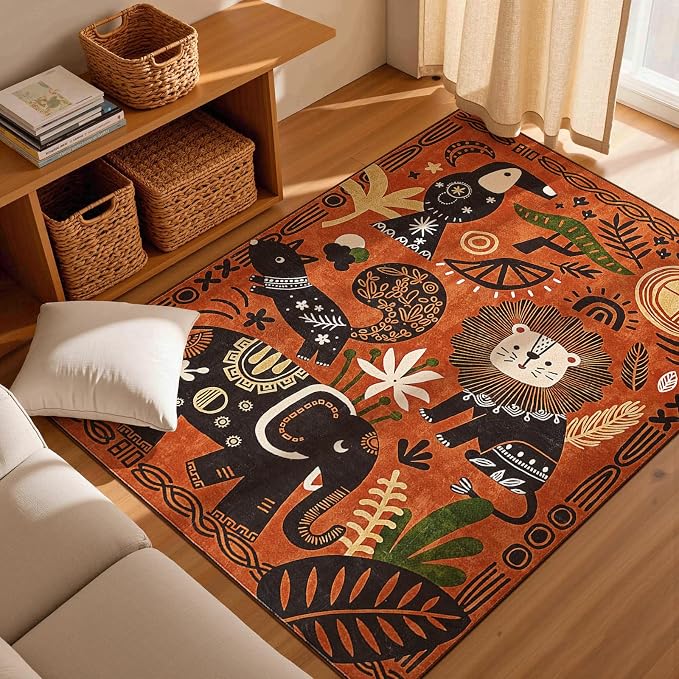 jinchan 5x7 Cute Area Rug Kids Washable Fun Rug Terracotta Boho Jungle Indoor Floor Cover Non Slip Safari Lightweight Soft Cozy Carpet for Nursery Playroom Daycare Bedroom Living Room