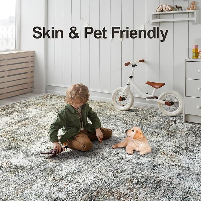 Abstract 10x14 Washable Rug: Modern Non Slip Area Rug Soft Carpet Foldable Distressed Stain Resistant Neutral Rugs for Living Room Bedroom Decor Large Indoor Farmhouse Rug 10'x14' Brown Gray
