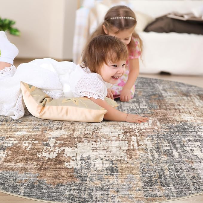 DMOYEST 10ft Round Area Rug Living Room Rugs - 10x10 Washable Circle Rug Large Soft Indoor Neutral Modern Abstract Low Pile Carpet for Bedroom Dining Room Farmhouse Home Office - Grey Brown