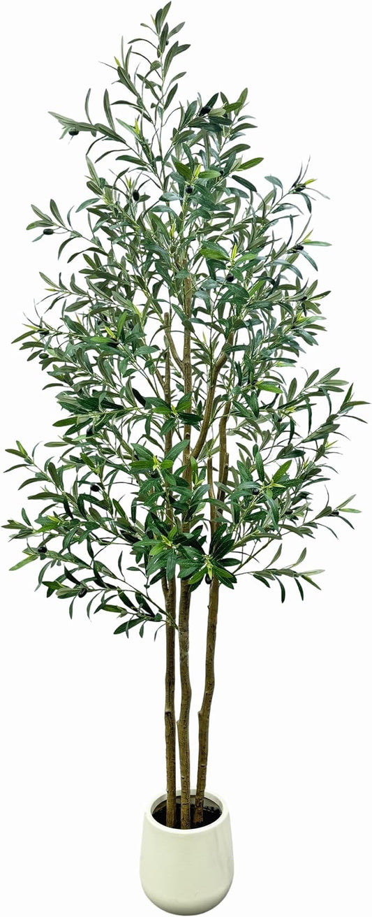 Large Faux Indoor Olive Tree, 7FT Tall Artificial Olive Plants with White Pot & Multiple Textured Sturdy Trunks, Indoor-Outdoor Faux Silk Plants for Home Office Entryway Decoration