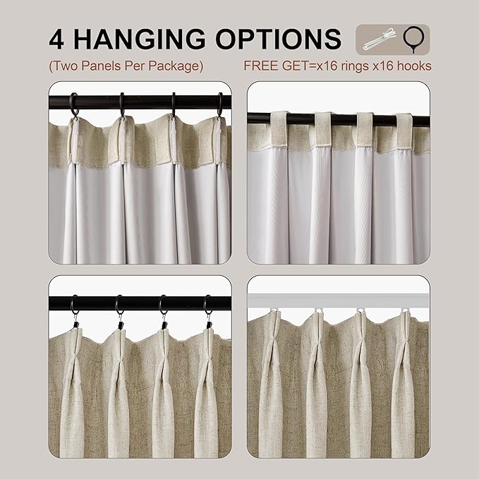 Oatmeal Linen Pinch Pleated Blackout Curtains, Room Darkening Thermal Insulated Soundproof Pleated Drapes, 108 Inch Long Back Tab Window Curtains for Living Room Bedroom 2 Panels, 40"Wx108"L,Beige