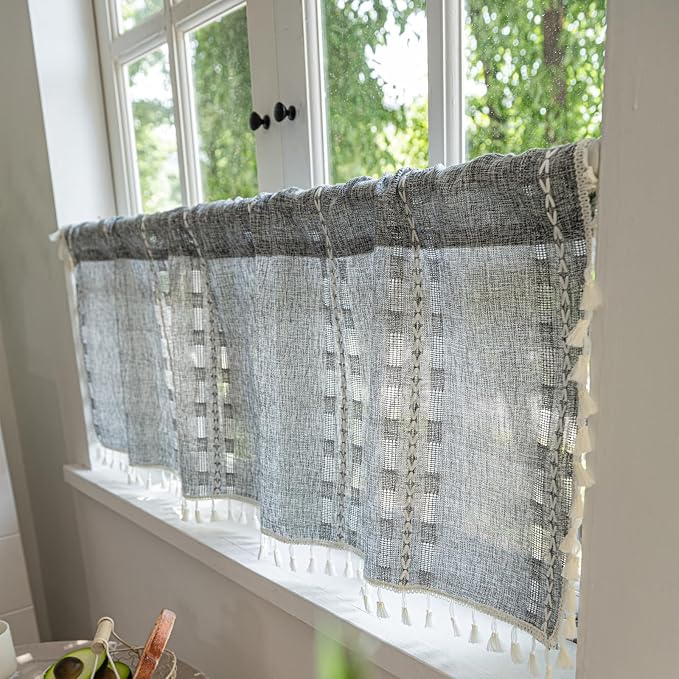 Deeprove Boho Valance Kitchen Short Curtain, Textured Striped Drape Semi Sheer Privacy Tier Embroidered Chic Window Treatment for Cafe Restaurant Closet, W52 x L18 inch Single 1 Panel Coal Grey