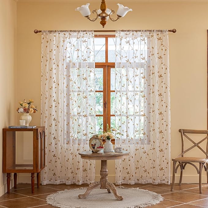 AmHoo 2 Panels Embroidered Leaf Pattern Semi Sheer Curtains Foliage Floral Voile Window Draperies Treatment for Bedroom Living Room Rod Pocket White Taupe 53 x 84 Inch