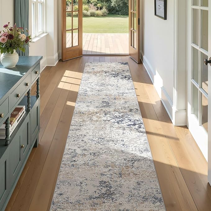 DMOYEST Washable Runner Rug for Hallway: 2.6x10 Neutral Modern Abstract Low Pile Area Rug with Non-Slip Backing - Carpet for Bedroom Kitchen Laundry Entryway Bathroom Indoor - Beige Blue