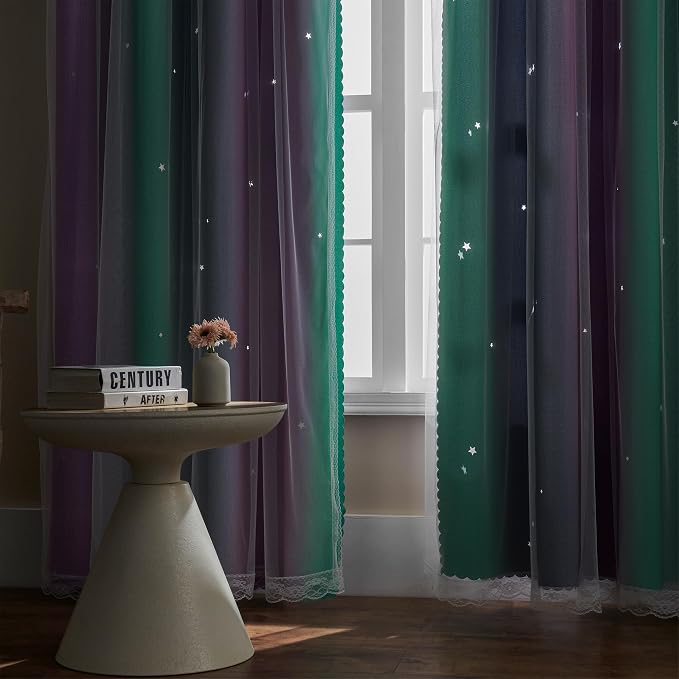 XiDi Curtains for Bedroom Decor, Rainbow Purplgreen grey34/90