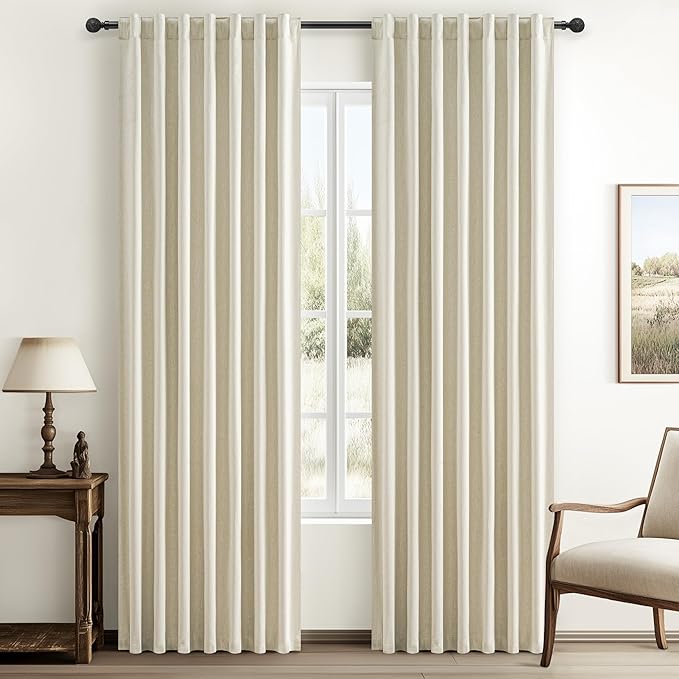 Warm Cream Thick Linen Black Out Curtains 84 Inch Long for Living Room 2 Panels Set, Farmhouse Pleated Room Darkening Window Drapes Insulated Privacy for Kids Bedroom 50"W x 84"L (Rod Pocket Back Tab)